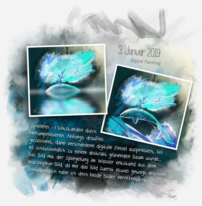 Spielerei :-) Entstanden durch Herumprobieren. Anfangs drauflos gezeichnet, dann verschiedene digitale Pinsel ausprobiert, bis es schlussendlich zu einem abstrakt glühenden Baum wurde... Das Bild mit der Spiegelung im Wasser entstand aus dem Wal/Delphin-Bild, da mir das Bild zuerst etwas gewagt erschien. Schlussendlich habe ich doch beide Bilder veröffentlicht. - Digital Painting