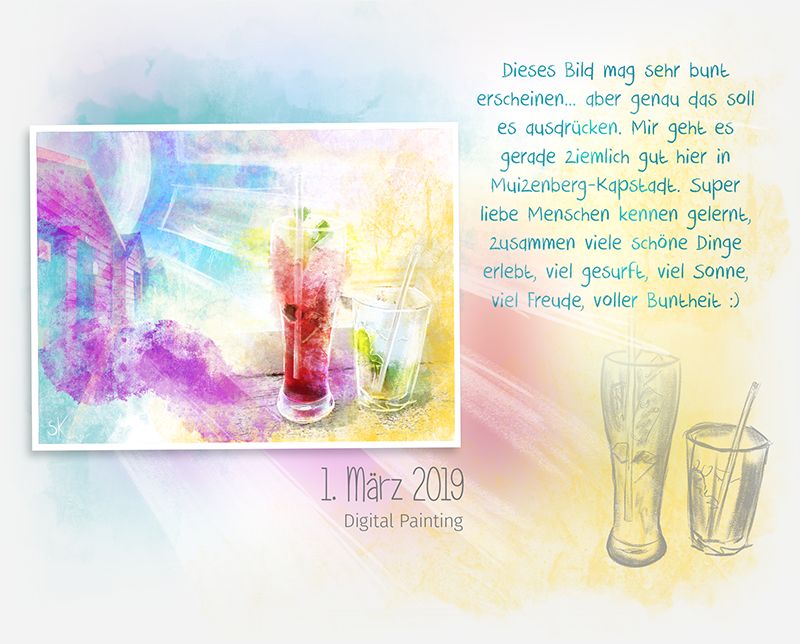 Dieses Bild mag sehr bunt erscheinen... aber genau das soll es ausdrücken. Mir geht es gerade ziemlich gut hier in Muizenberg-Kapstadt. Super liebe Menschen kennen gelernt, zusammen viele schöne Dinge erlebt, viel gesurft, viel Sonne, viel Freude, voller Buntheit. - Digital Painting
