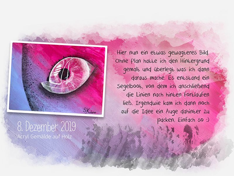 Hier nun ein etwas gewagteres Bild. Ohne Plan hatte ich den Hintergrund gemalt und überlegt was ich dann daraus mache. Es entstand ein Segelboot, von dem ich anschließend die Linien nach hinten fortlaufen ließ. Irgendwie kam ich dann noch auf die Idee ein Auge dahinter zu packen. Einfach so :)